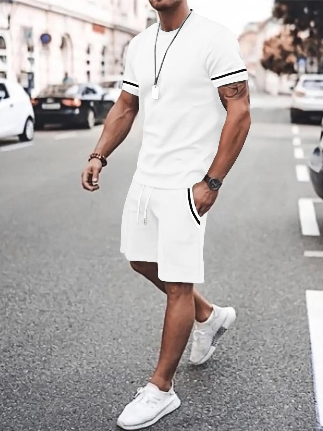 Wellshot Men's 2PCS Contrast Binding Tee & Drawstring Waist Shorts Set