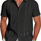 Wellshot Men's Cuban Guayabera Shirt Short Sleeve V-Neck Button Down Casual Summer Beach Linen Top Fitted Breathable Soft Fabric