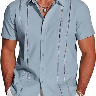 Wellshot Men's Cuban Guayabera Shirt Short Sleeve V-Neck Button Down Casual Summer Beach Linen Top Fitted Breathable Soft Fabric
