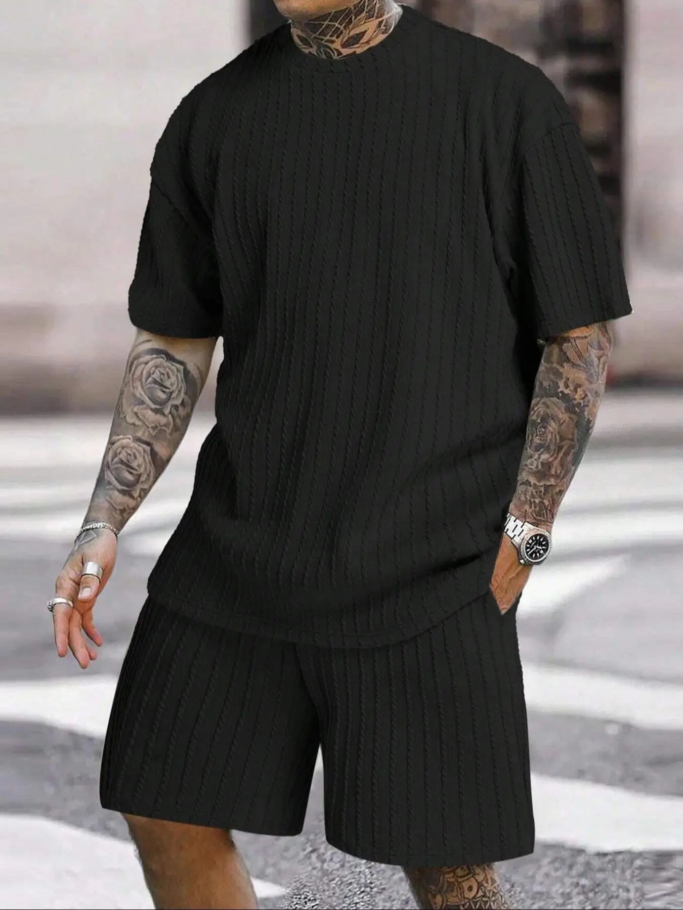 Men’s Streetwear 2-Piece Set  Soft Textured Knit Oversized Tee & Drawstring Shorts, Casual Summer Outfit