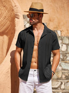 Wellshot Men's Cuban Guayabera Shirt Short Sleeve V-Neck Button Down Casual Summer Beach Linen Top Fitted Breathable Soft Fabric