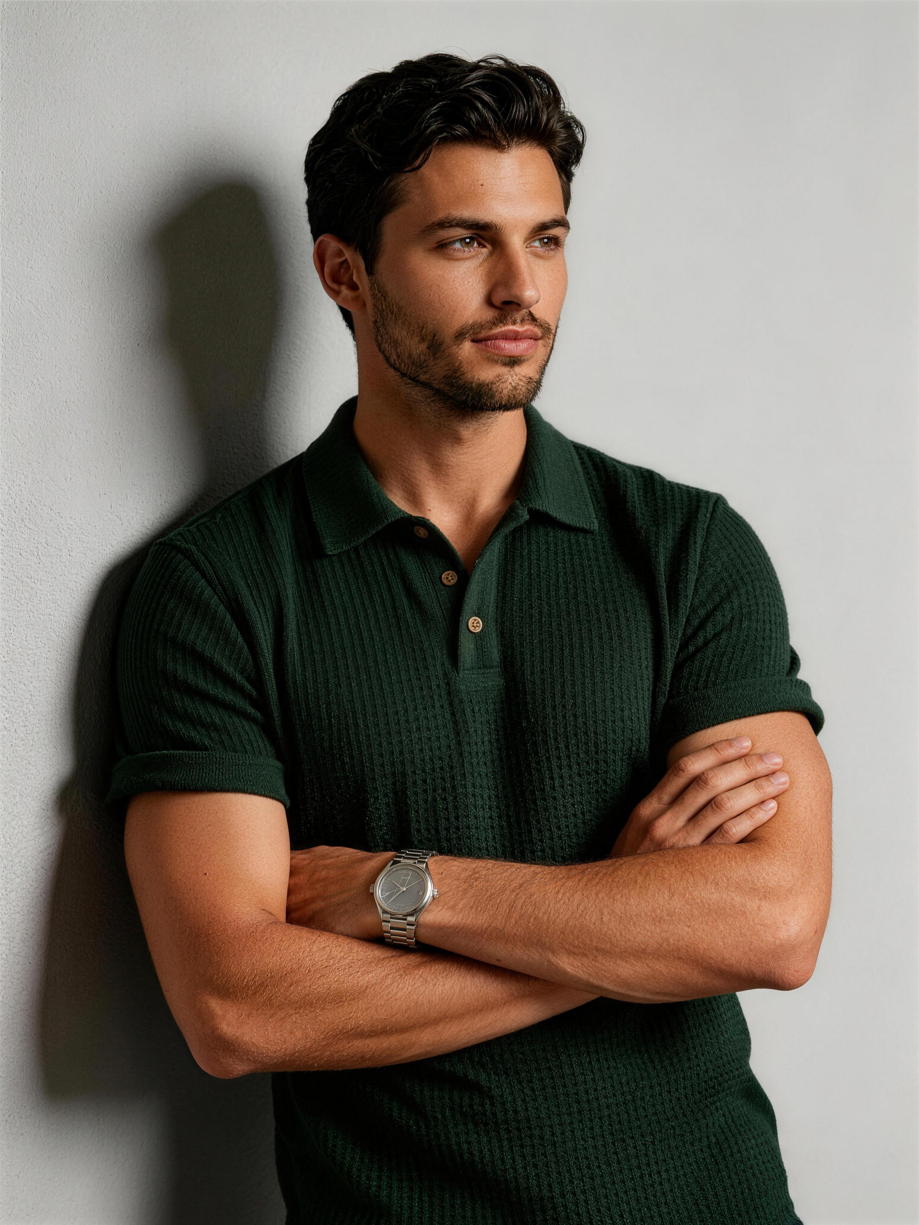 Wellshot Men's Plain Jacquard Knit Short Sleeve Button Polo Shirt