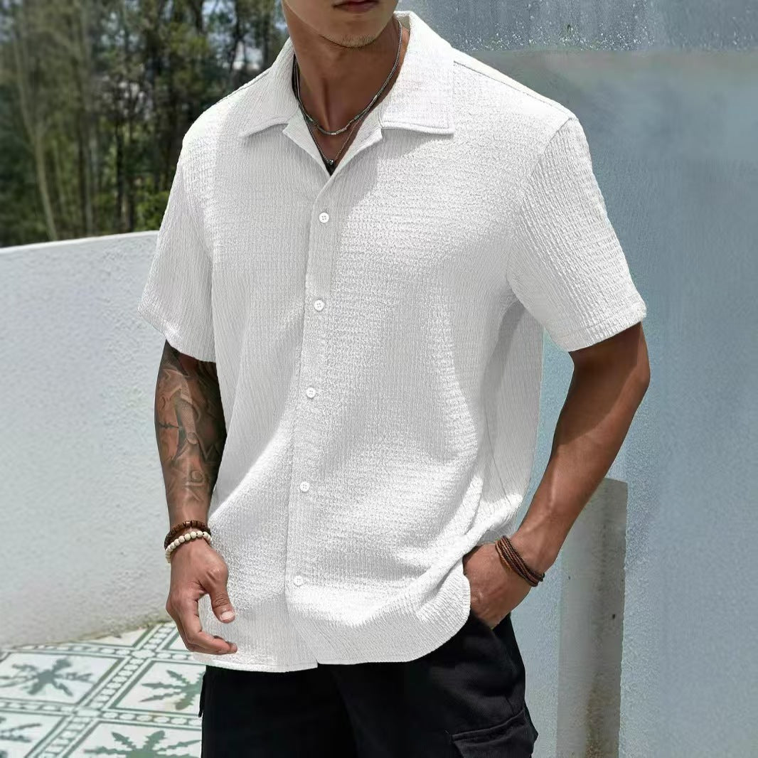 Wellshot Men's Textured Button Front Shirt, Casual Regular Fit Short Sleeve Collared Top for Summer